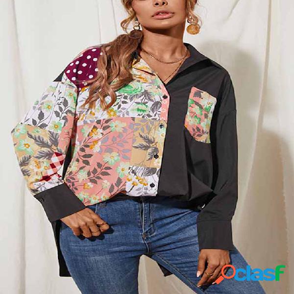 Blusa de patchwork com estampa floral de manga comprida com