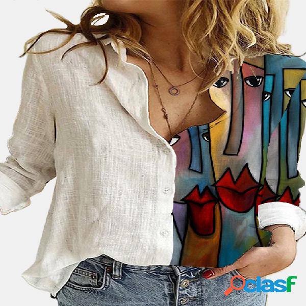 Blusa de patchwork para mulheres com estampa vintage de