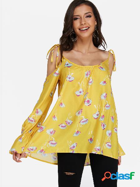 Blusa estampada de chita com ombro frio amarelo