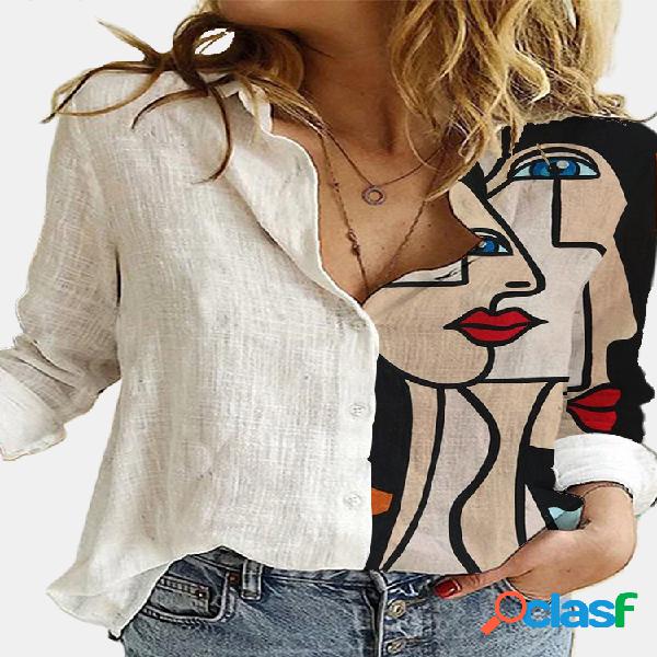 Blusa estampada vintage patchwork com gola manga comprida