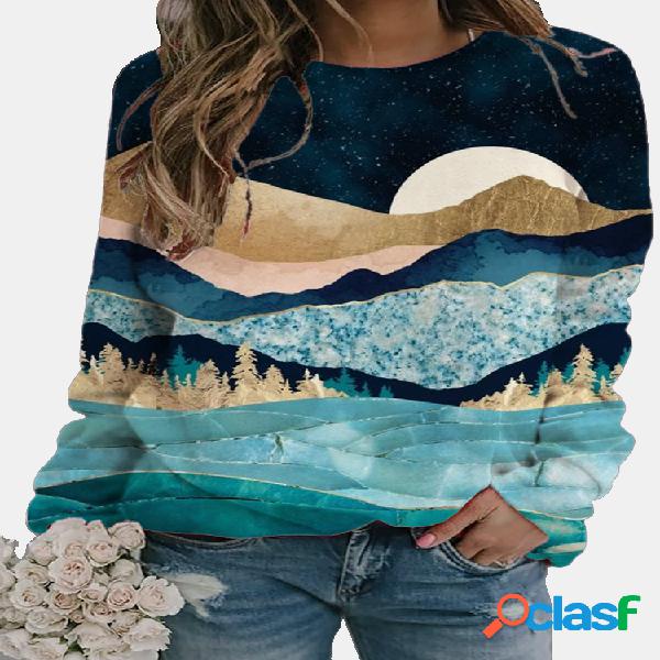 Blusa feminina com decote em O com estampa de paisagem