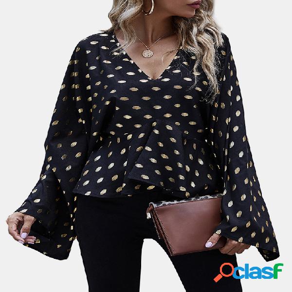 Blusa feminina de manga comprida com estampa de bolinhas com