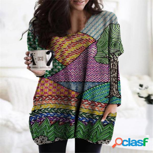 Blusa para mulheres com estampa multicolorida de manga