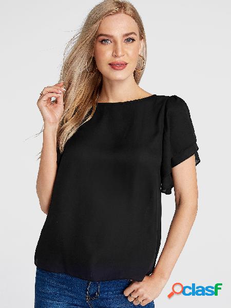 Blusa preta de chiffon com decote redondo dividido mangas