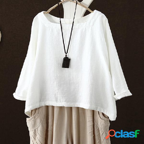 Blusa tamanho Plus gola redonda de cor sólida