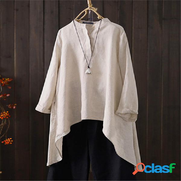 Blusa vintage alta baixa manga longa botão