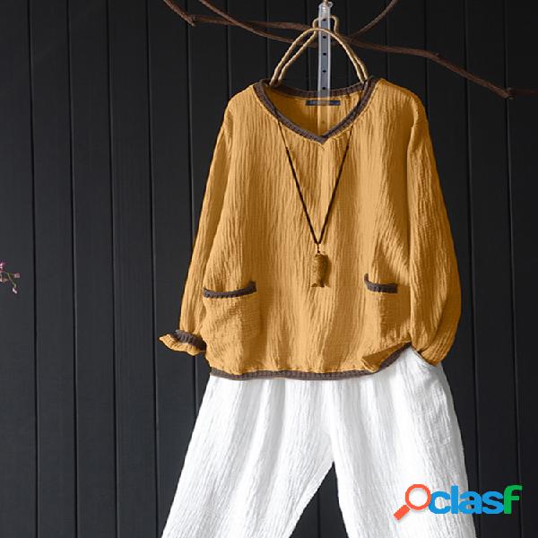 Blusa vintage patchwork manga longa de algodão Plus tamanho