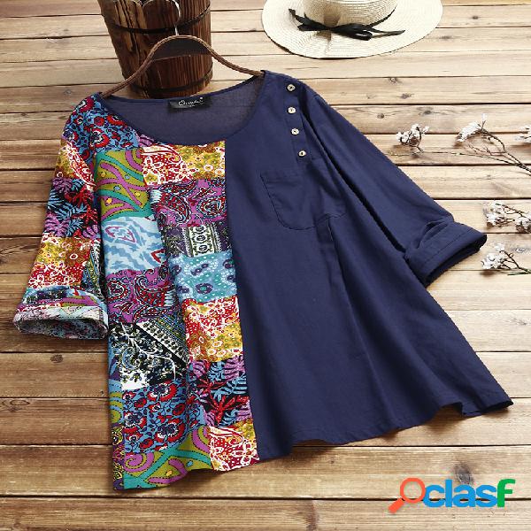 Blusa vintage étnica estampada patchwork tamanho Plus