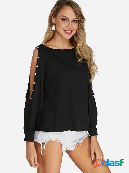 Blusas Black Cold Shoulder Design com decote redondo e