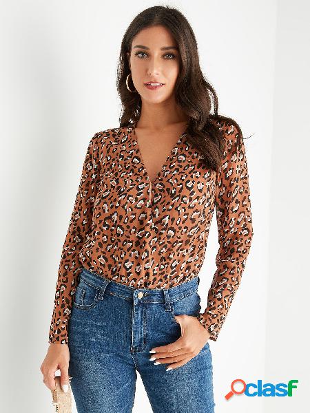 Bodysuit com decote em V profundo YOINS Coffee Leopard