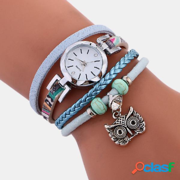 Bohemian Cute Owl Leather Bracelet Watch Relógios de pulso