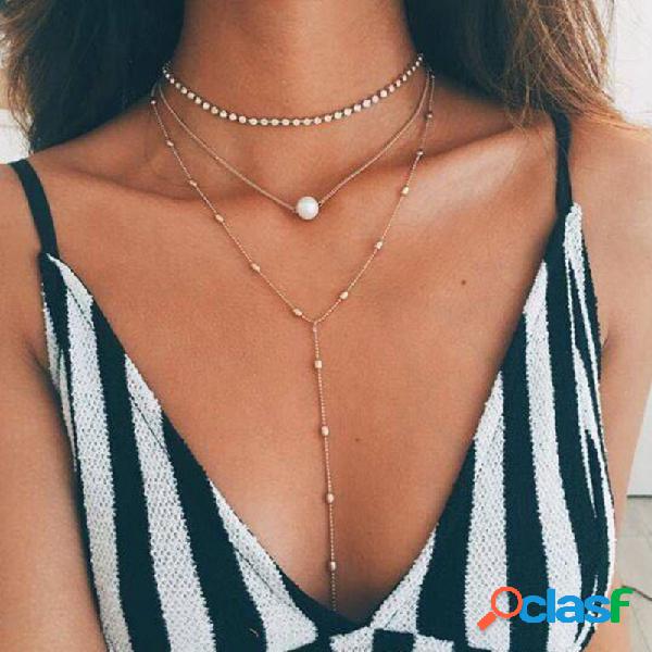 Bohemian Multi-camada Pingente Longo Colar de Pérolas de