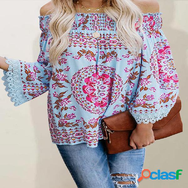 Bohenmia Print Off-ombro babados manga Plus blusa de tamanho