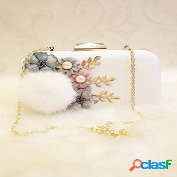 Bola de peles e enfeites florais CrossBody Bolsa