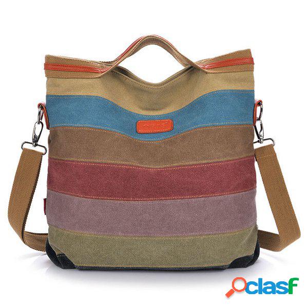Bolsa Listrada Transversal de Lona Contraste de Cor