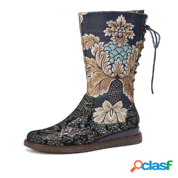 Bordado de flores vintage SOCOFY Botas de cano médio com