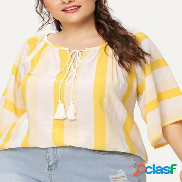Borla listrada Plus solta blusa casual de tamanho