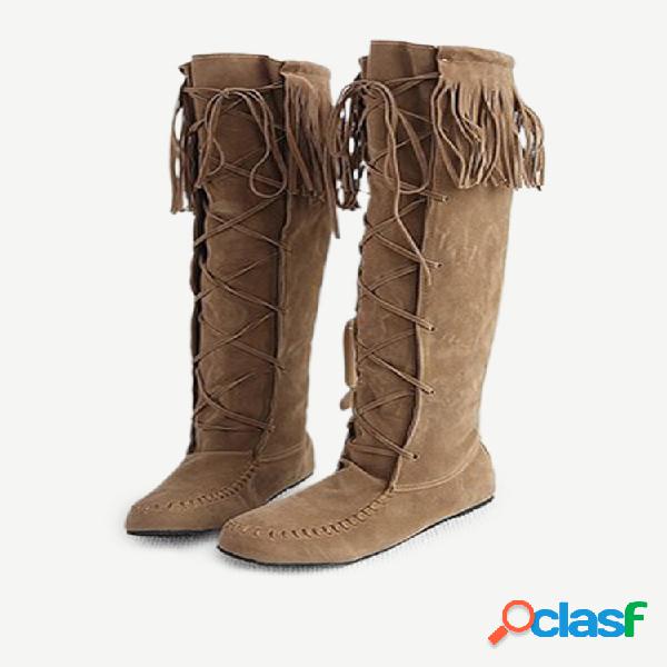 Botas Planas Cano Alto Tamanho Grande com Tassel