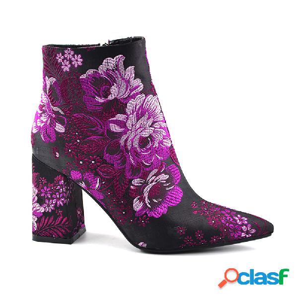 Botas curtas de salto alto bordado feminino com bico fino