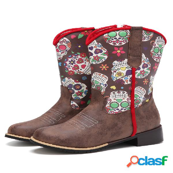 Botas de cowboy femininas com estampagem retro de flores com