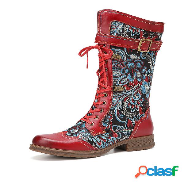 Botas de meia panturrilha SOCOFY Retro Floral Comfy Couro