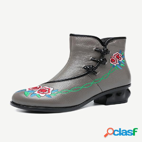 Botas de sapo de couro de salto médio bordado folkways