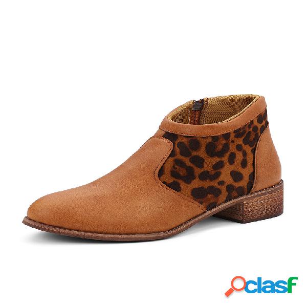 Botas de tornozelo casual de costura lateral leopardo zíper