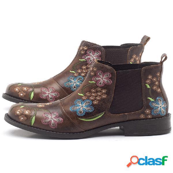 Botas de tornozelo femininas com bordado floral retrô