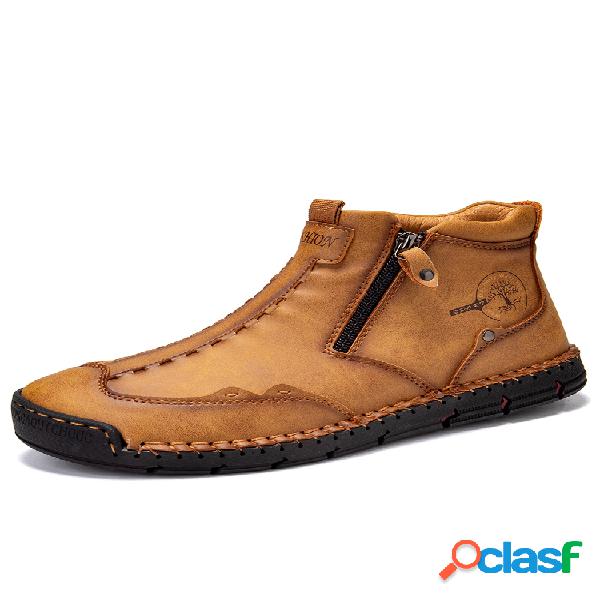 Botas masculinas com zíper duplo costurado à mão e couro