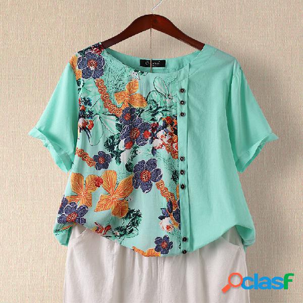 Botão de patchwork de impressão O-pescoço Plus Blusa