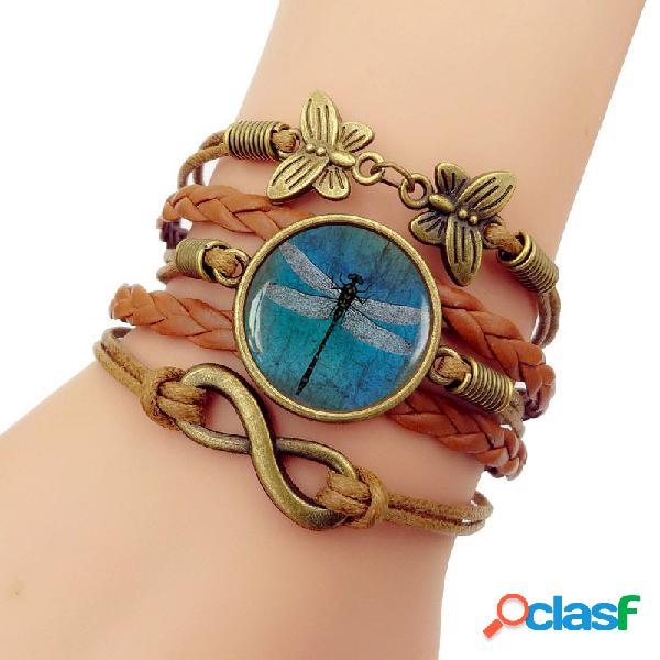 Bracelete retro âmbar azul libélula trançada pulseira de