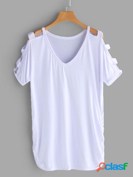 Branco Cut Out Design Camisetas de mangas curtas com decote