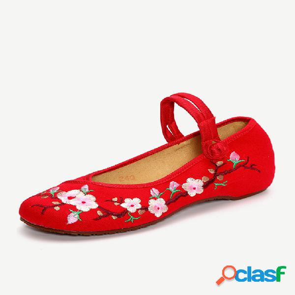Calçados Retro de Lona Flor Bordada Sem Cadarço