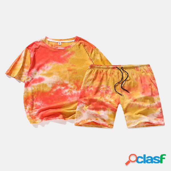 Calções masculinos com estampa tie-dye de algodão