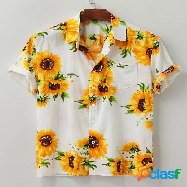 Camisa da moda masculina com estampa de girassol no Havaí