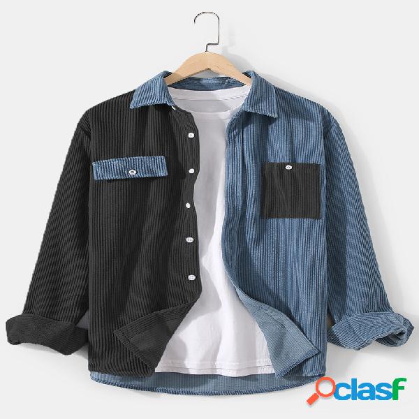 Camisa masculina de lapela patchwork de veludo cotelê com