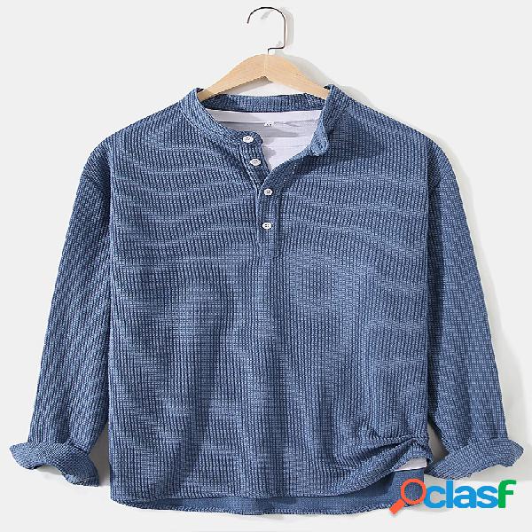 Camisa masculina de malha jacquard com gola dividida manga