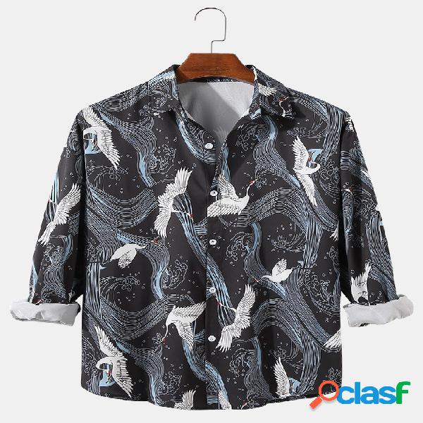 Camisas casuais de manga comprida com estampa de guindaste