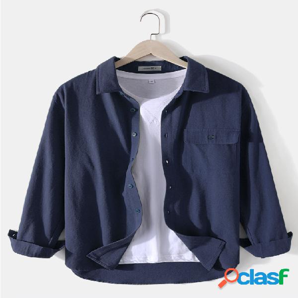 Camisas masculinas 100% algodão maciço simples casual de