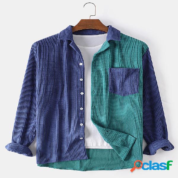 Camisas masculinas Color Block Patchwork Veludo cotelê