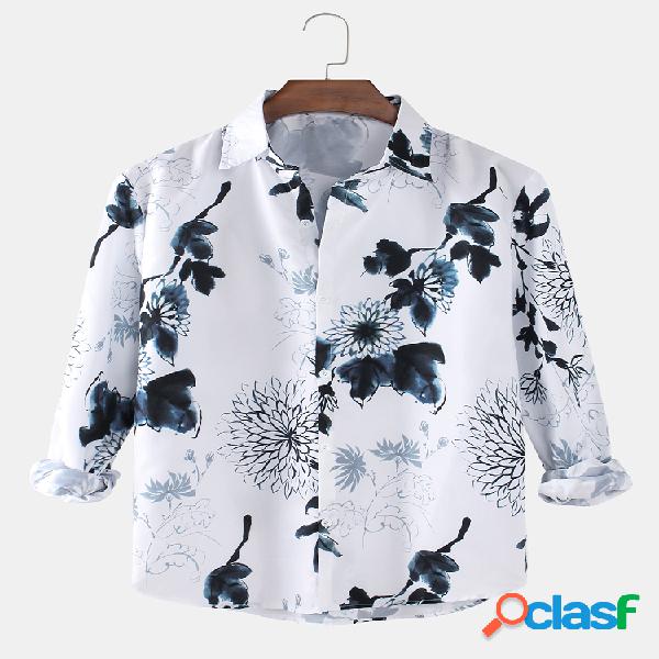Camisas masculinas com estampa floral vintage simples lapela
