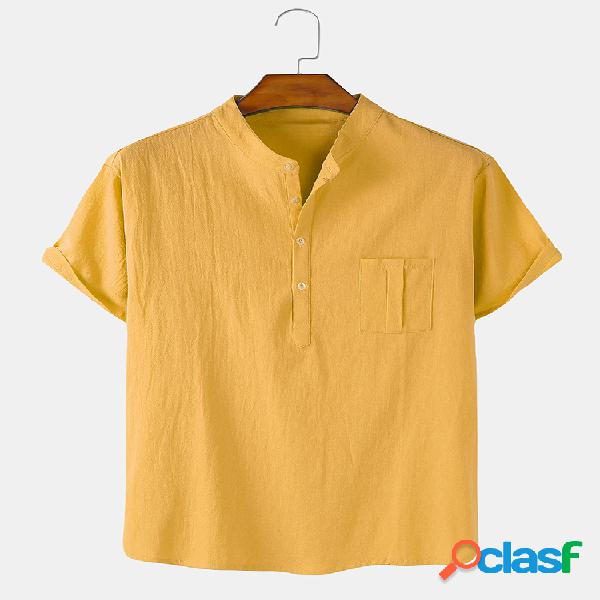 Camisas masculinas de algodão de cor sólida leve solta