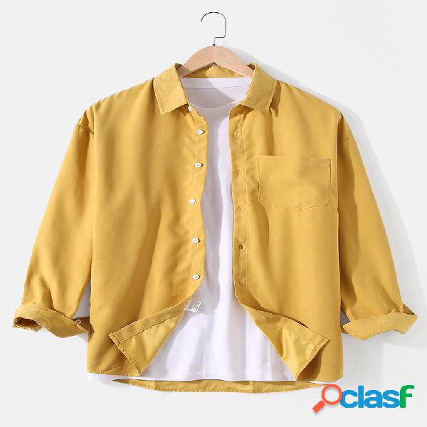 Camisas masculinas de algodão liso cor sólida solta casual