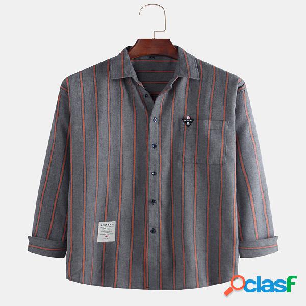 Camisas masculinas de manga comprida com bolso em algodão
