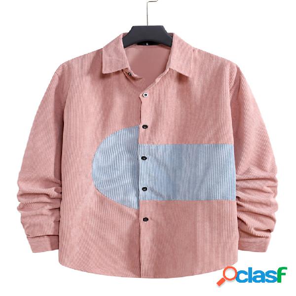 Camisas masculinas de veludo colourblock patchwork lapela de