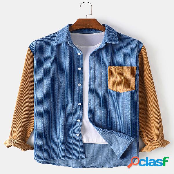Camisas masculinas de veludo cotelê colorido bloco de manga
