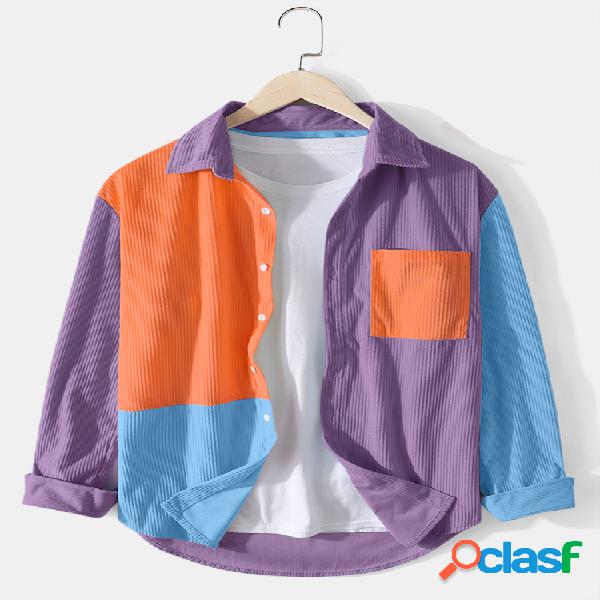 Camisas masculinas de veludo cotelê colorido com costura