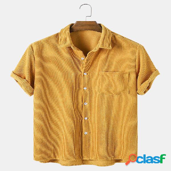 Camisas masculinas de veludo cotelê cor sólida respirável