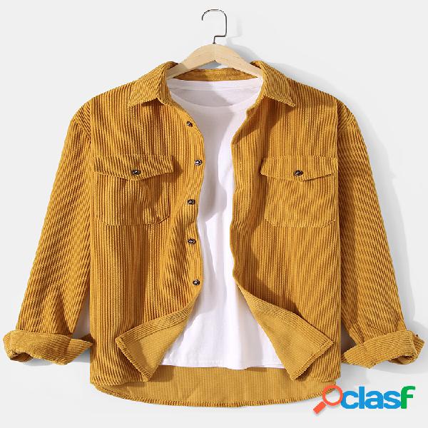 Camisas masculinas de veludo cotelê de cor sólida e