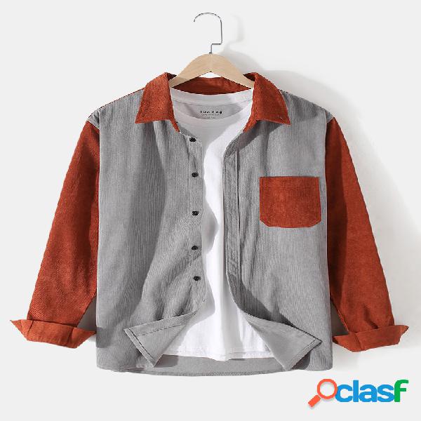Camisas masculinas patchwork veludo colorido bloco lapela